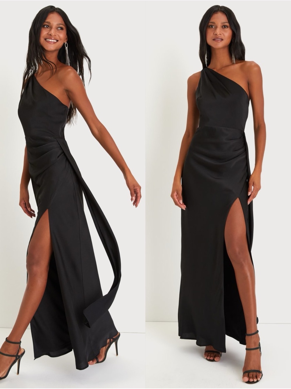 LULU’S Signature Elegance Black Satin One-Shoulder Maxi Dress